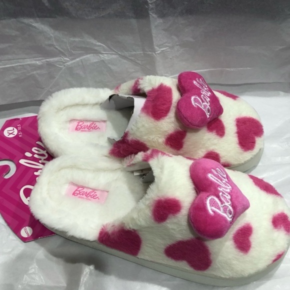 Barbie Shoes - Barbie white & pink hearts puffy pink Barbie heart faux fur slippers size XL new